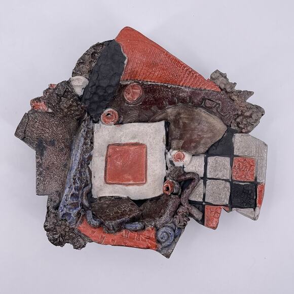 Unique Decorative Bowl Handmade Mixed Media Art Dish Tray Multicolor Orange Gray - Picture 2 of 16